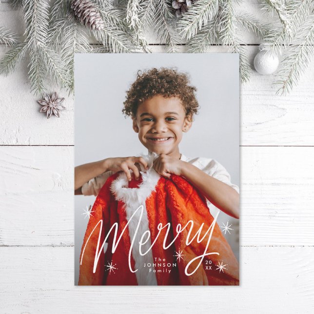 Hand Lettered Merry Starry Snowflake Photo Holiday Card (Creator Uploaded)