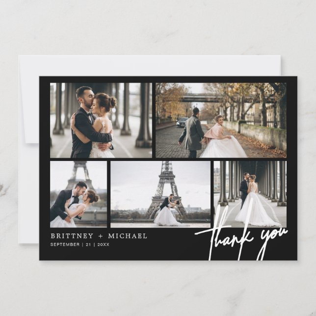 Hand-Lettered Modern Photo Collage Black Thank You Card (Front)