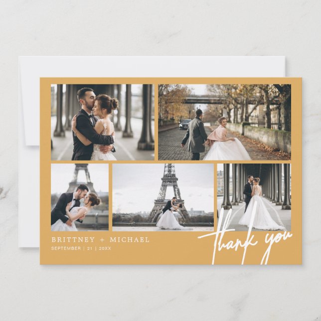 Hand-Lettered Modern Photo Collage Mustard Yellow Thank You Card (Front)