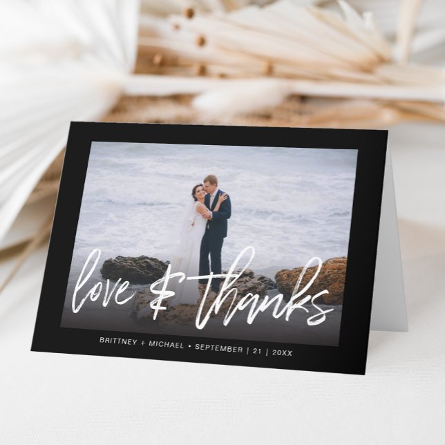 Hand-Lettered Modern Photo Love & Thanks Black Thank You Card (A simple and elegant way to say thank you with a personal touch by adding a wedding photo.)