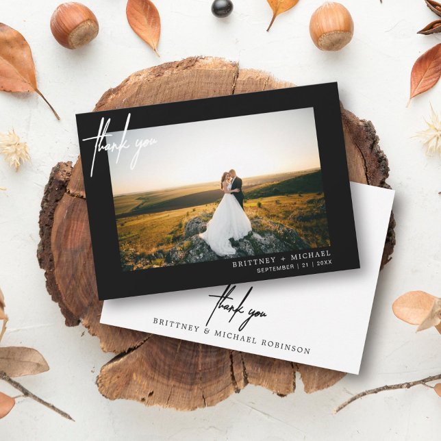 Hand-Lettered Modern Photo Thank You Black (Modern elegant wedding thank you card with a wedding photo on the front and simple hand written font)