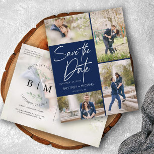 Hand Lettered Navy Blue Collage Save The Date Announcement Postcard