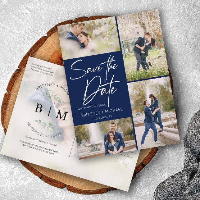 Hand Lettered Navy Blue Collage Save The Date Announcement Postcard (Creator Uploaded)