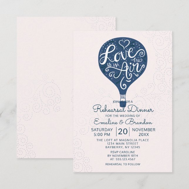 Hand Lettered Navy Wedding Rehearsal Dinner Invitation (Front/Back)