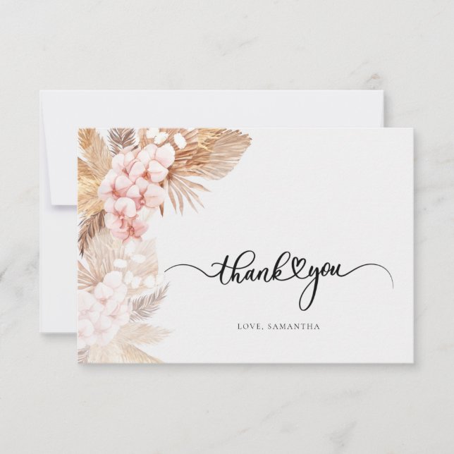 Hand-Lettered Pampas Grass Pink Floral Wedding Thank You Card (Front)