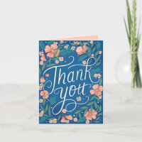 Hand Lettered Peach Blue Floral Photo Thank You