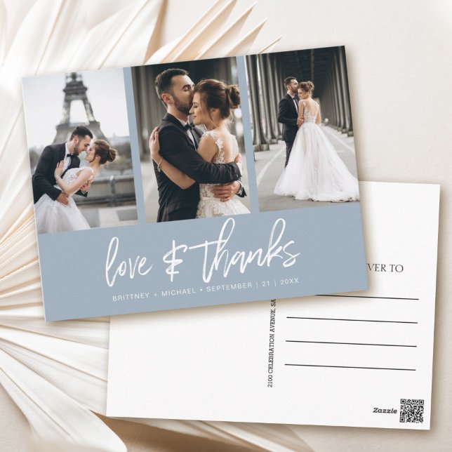 Hand-Lettered Photo Collage Dusty Blue Thank You Postcard (Show your appreciation to your loved ones with an awesome photo thank-you card!)