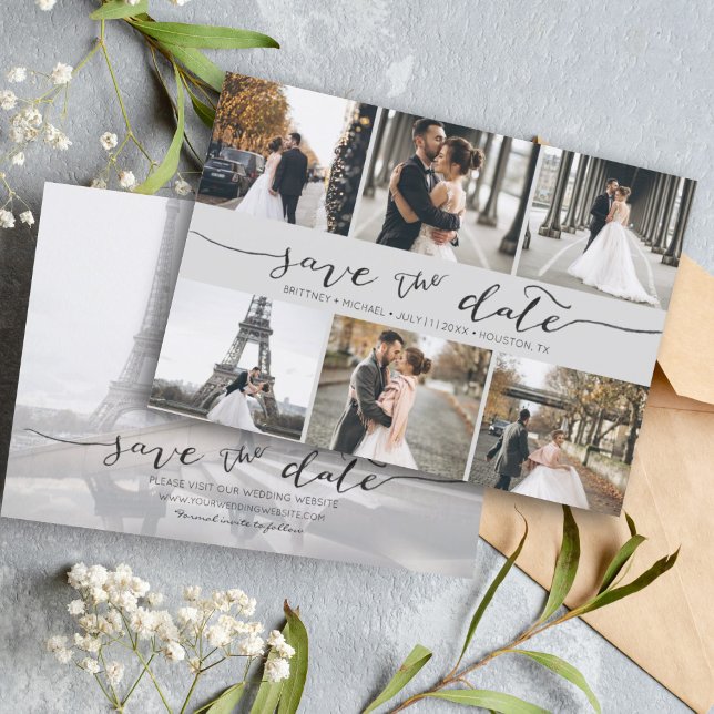 Hand Lettered Photo Collage Save the Date Grey (Modern Save the Date card featuring 6 photos and a hand lettered font for a minimalistic design.)