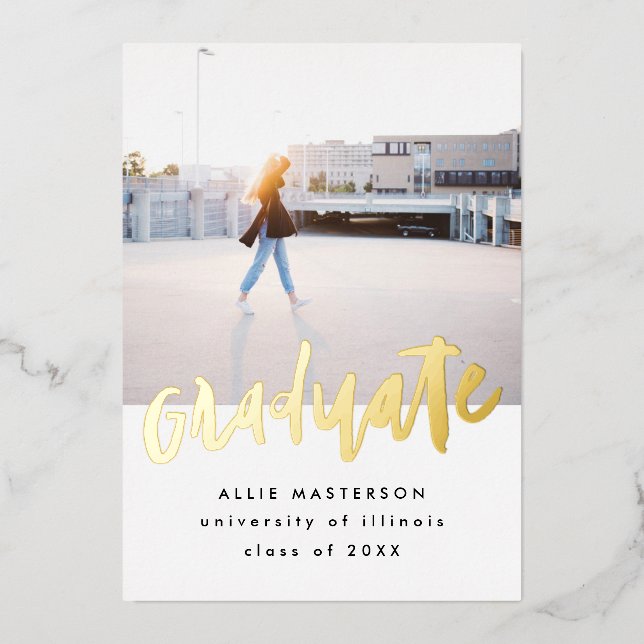 Hand Lettered Photo Golden Graduation Announcement (Front)