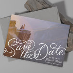 Hand-lettered Photo Save The Date<br><div class="desc">Curly fun lettering "Save the Date" over full bleed photo. customise to change the fonts of the editable text and backer. Lettering by Becky Nimoy</div>