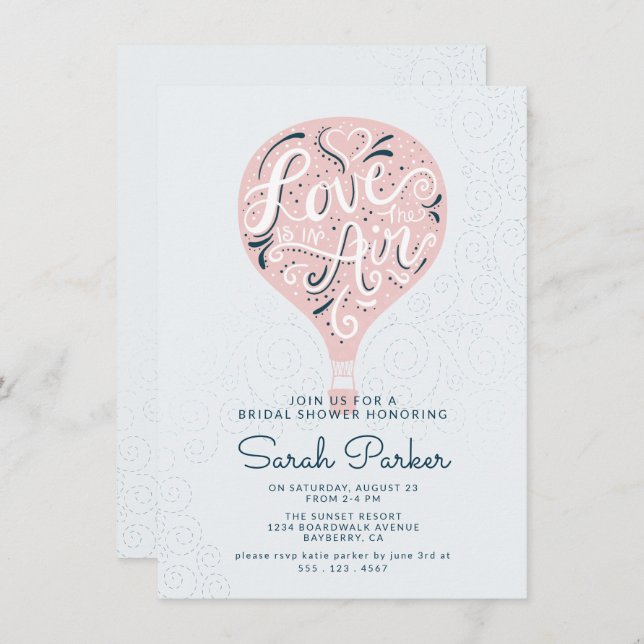 Hand Lettered Pink Hot Air Balloon Bridal Shower Invitation (Front/Back)