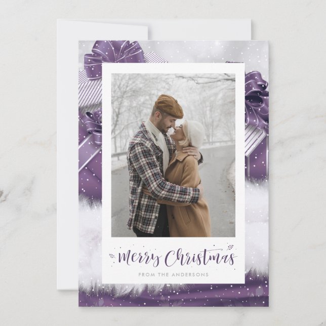Hand-Lettered Purple Snowy Photo Christmas Cards (Front)