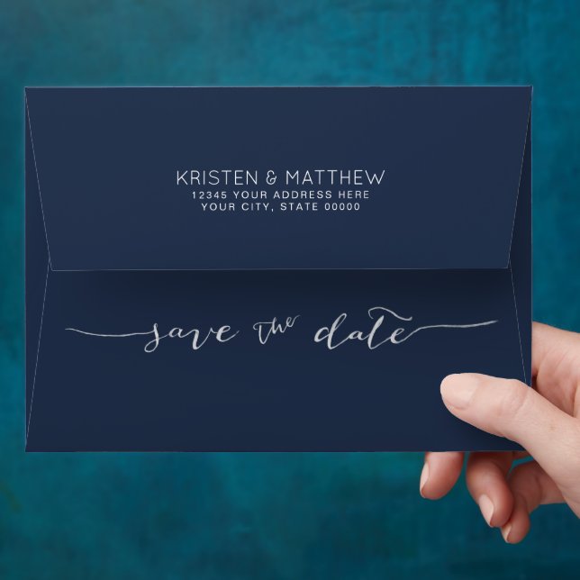 Hand-Lettered Save the Date Address Navy Blue Envelope (Hand)