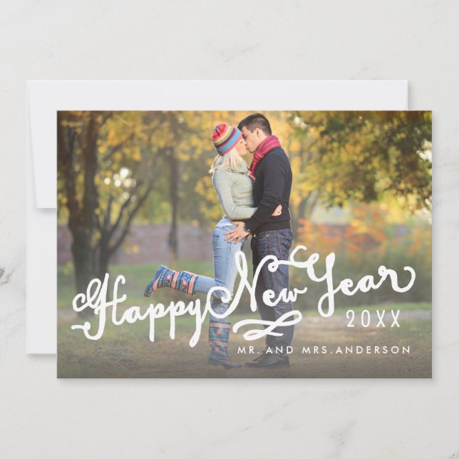 Hand Lettered Script Happy New Year Holiday Photo Card (Front)
