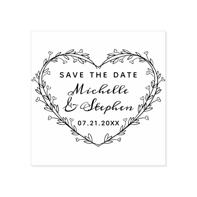 Hand Lettered Script Heart Wreath Save The Date Rubber Stamp (Imprint)