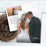 Hand Lettered Script Photos Wedding Thank You Postcard<br><div class="desc">Elegant and simple wedding thank you template postcard featuring hand lettered typography script text with a heart between the words. Add your favourite photo full bleed in the front and another photo in the back with default message on the back that is editable.</div>