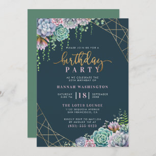 Hand-Lettered Script & Succulents Birthday Party Invitation