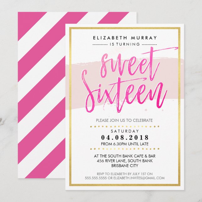 HAND LETTERED SCRIPT sweet 16 trendy hot pink gold Invitation (Front/Back)