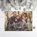 Hand Lettered Seasons Greetings Photo Holiday Card<br><div class="desc">White chalk original hand lettering "season's greetings" with pine branches.  Optional message on the back or add a second photo if desired.</div>