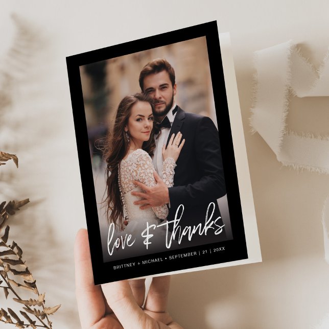 Hand-Lettered Simple Black Photo Thank You Card (A simple and elegant way to say thank you with a personal touch by adding a photo on the front.)