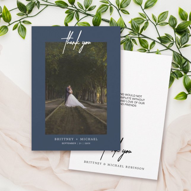 Hand-Lettered Simple Photo Dusty Navy Blue Thank You Card (Creator Uploaded)