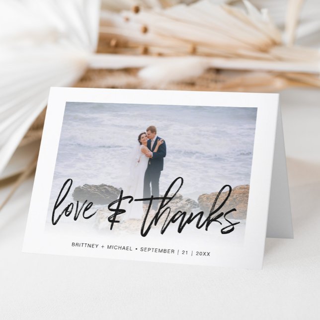 Hand-Lettered Simple Photo Love & Thanks White Thank You Card (A simple and elegant way to say thank you with a personal touch by adding a wedding photo.)