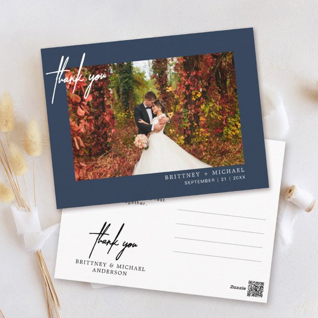 Hand-Lettered Simple Photo Thank You Navy Postcard (Thank your guests with this modern photo thank you card with hand-lettered "thank you".)