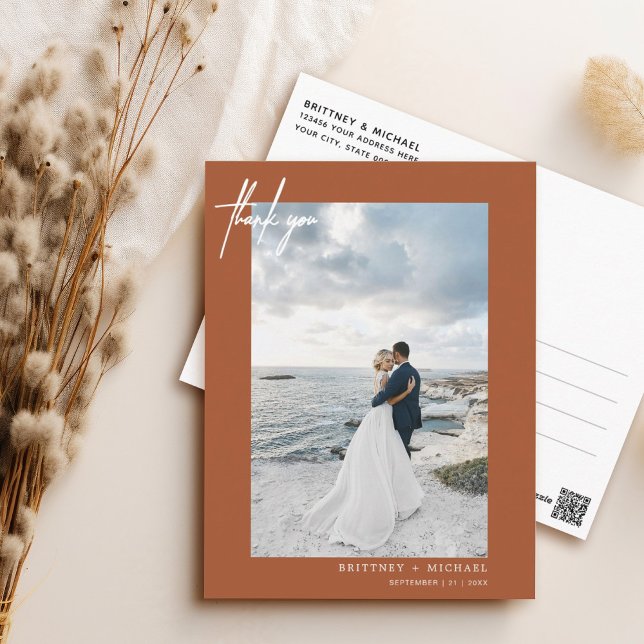 Hand-Lettered Simple Terracotta Thank you Postcard (Elegant hand lettered thank you wedding postcard with a minimalistic design perfect for any couple.)