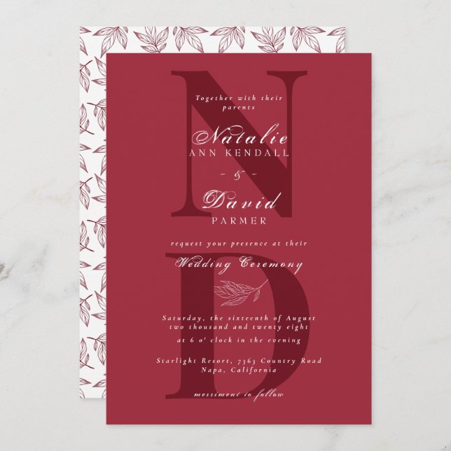 Hand Lettered Solid Colour Elegant Fall Wedding  Invitation (Front/Back)