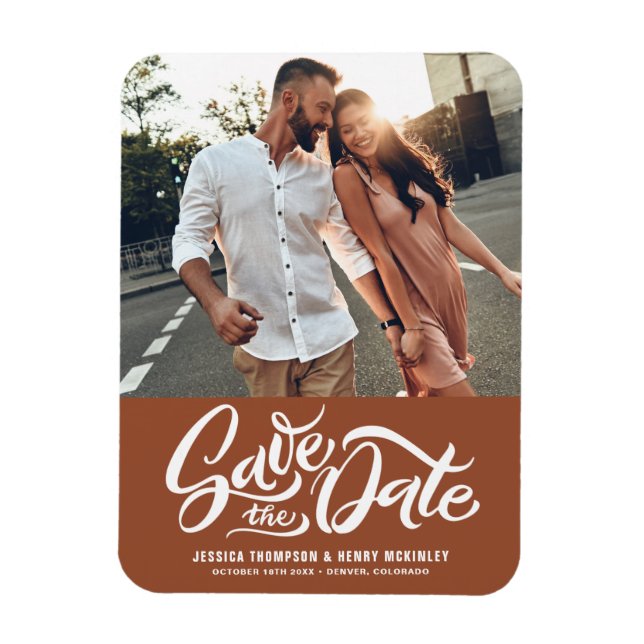 Hand Lettered Terracotta Photo Save the Date Magnet (Vertical)
