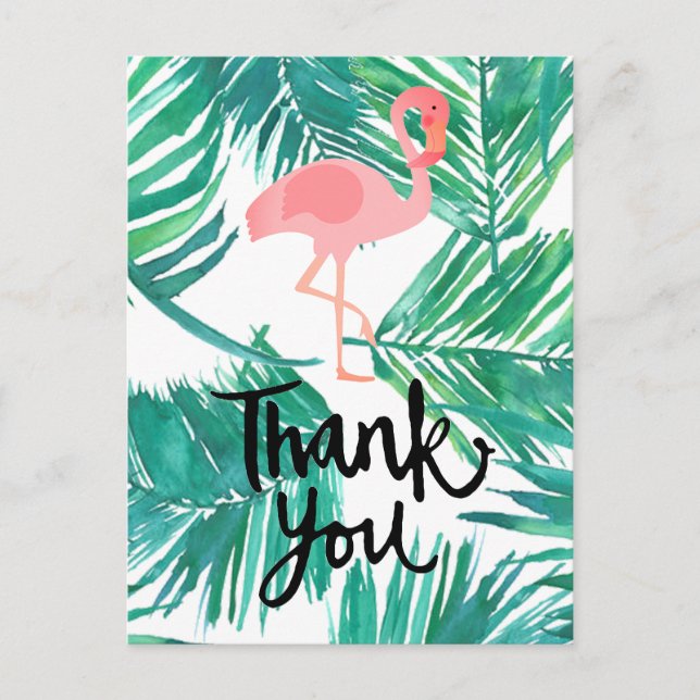 hand-lettered thank you flamingo on tropical palms postcard (Front)