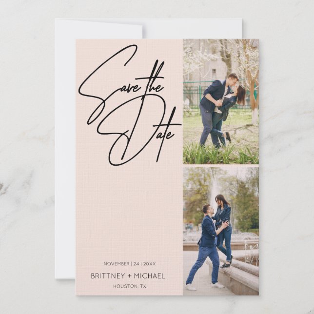 Hand Lettered Three Photo Collage Blush Pink Save The Date (Front)