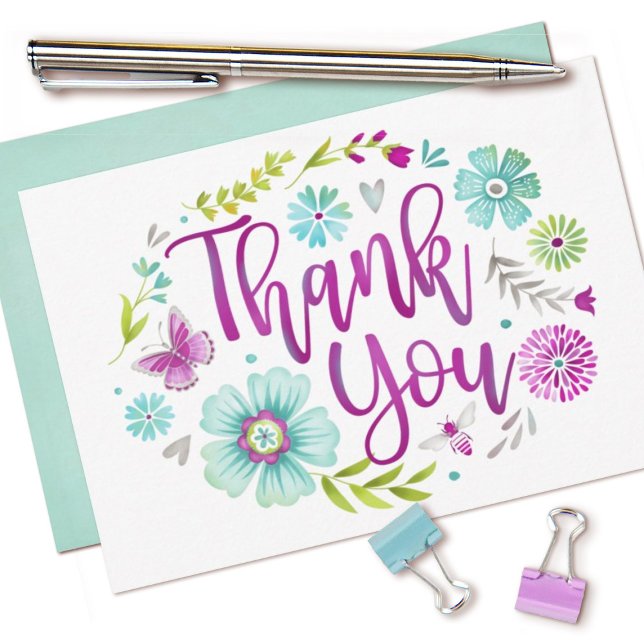 Hand Lettered Tyhpography Thank You Postcard (A pretty watercolor floral thank you card.)