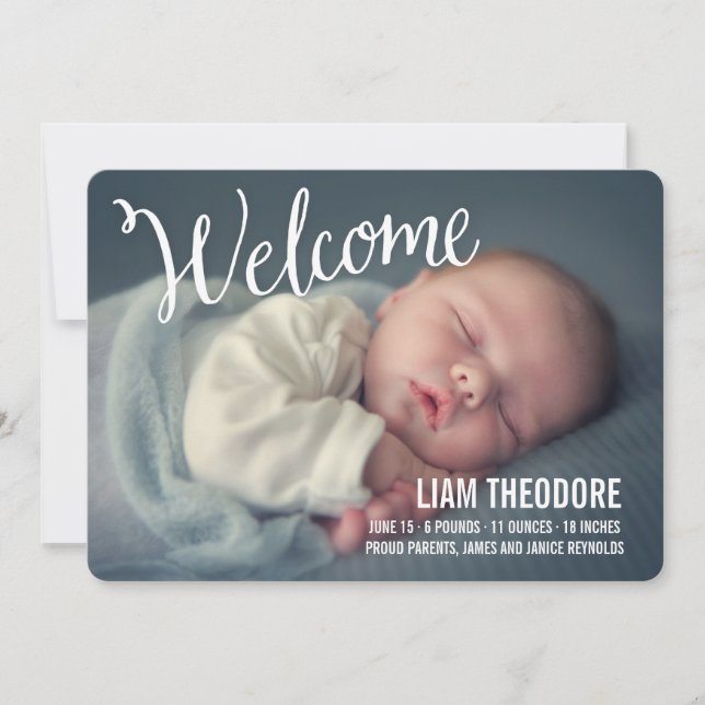 Hand Lettered Welcome Photo Birth Announcement (Front)