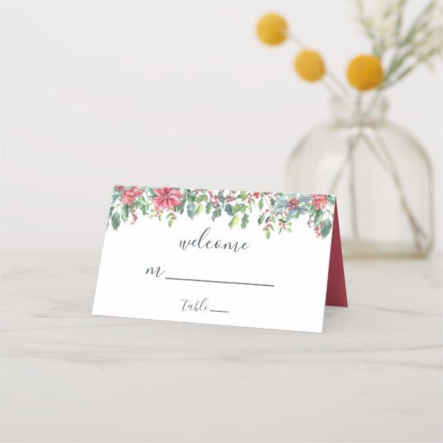 Hand Lettered Welcome Poinsettia Christmas Wedding Place Card (Front)