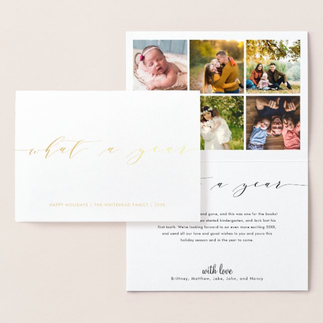 Hand-Lettered What a Year Modern Photo Collage Foil Card (Display)