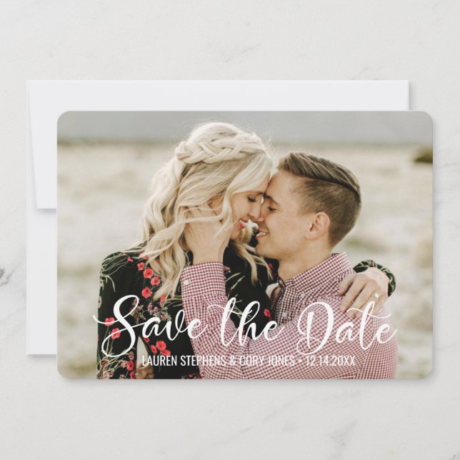 Hand Lettered White and Black Script Save The Date (Front)