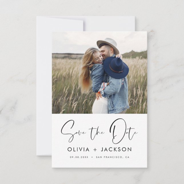 Hand Lettered White Save the Date Photo Script (Front)