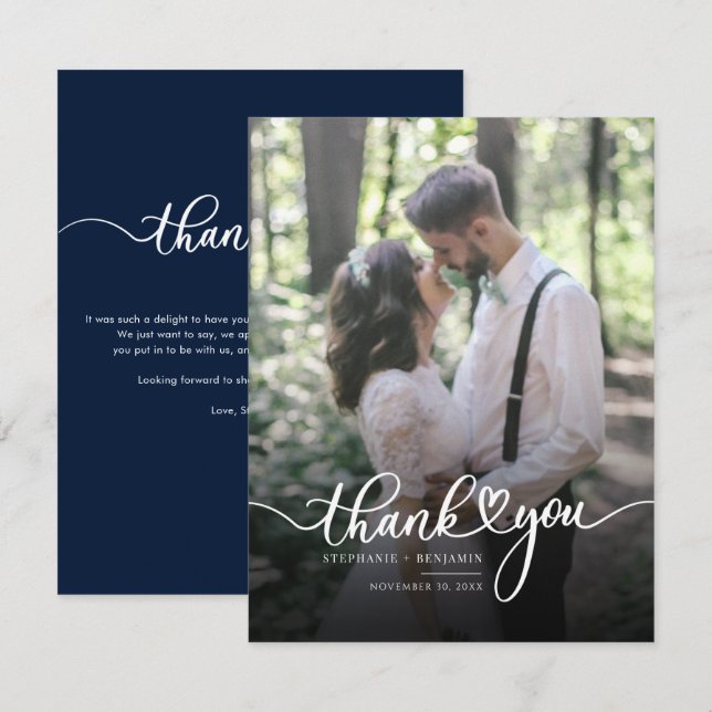 Hand Lettered with Heart Wedding Photo Thank You Card (Front/Back)