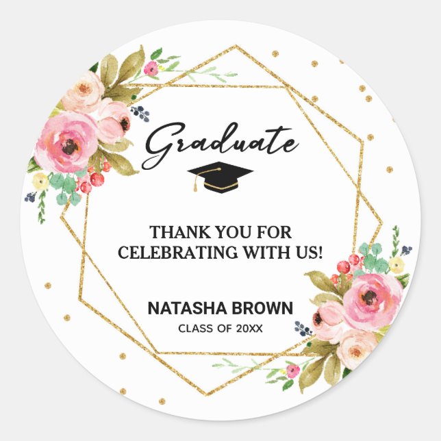 Hand Lettering Gold Geometric Graduation Thank You Classic Round Sticker (Front)