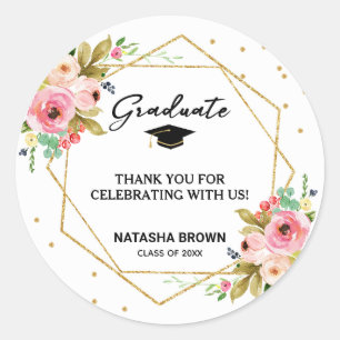 Hand Lettering Gold Geometric Graduation Thank You Classic Round Sticker