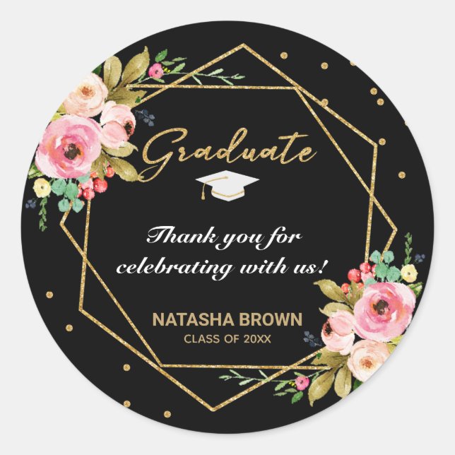 Hand Lettering Gold Geometric Graduation Thank You Classic Round Sticker (Front)