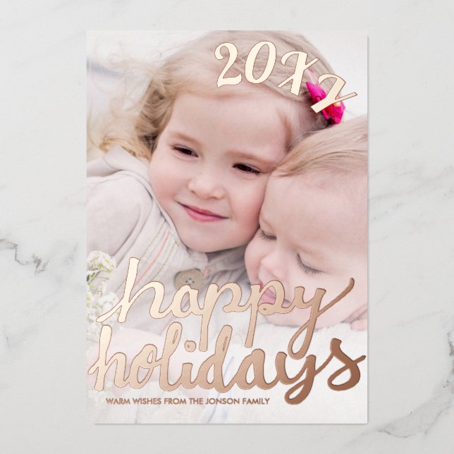 Hand Lettering Holidays Photo Real Rose Gold Card (Front)