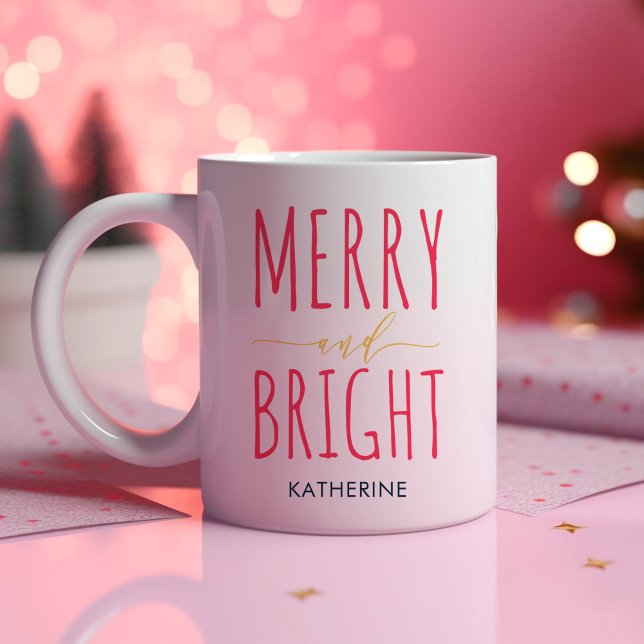 Hand-Lettering Merry & Bright Monogram Holiday Coffee Mug (Merry and Bright modern typography holiday mug with monogram name for a fun Christmas gift.)
