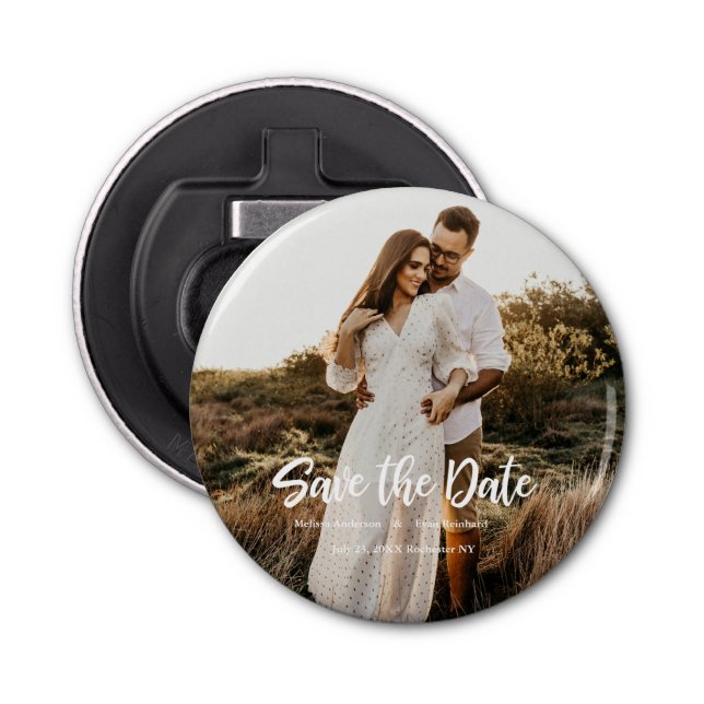 Hand Lettering photo Save the Date Bottle Opener (Front)