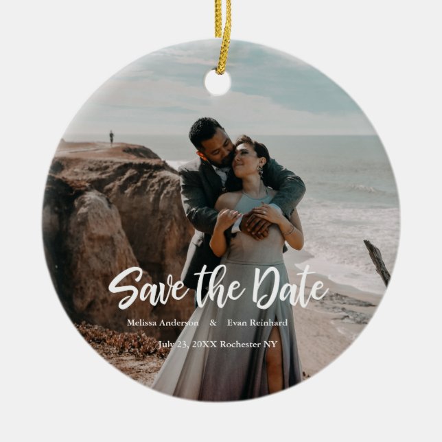 Hand Lettering photo Save the Date Ceramic Tree Decoration (Front)