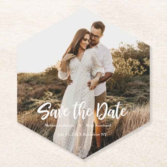 Hand Lettering photo Save the Date Paper Coaster (Front)