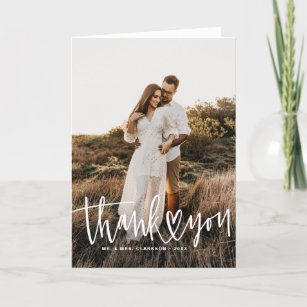 Hand Lettering with Heart White Wedding Thank You Card