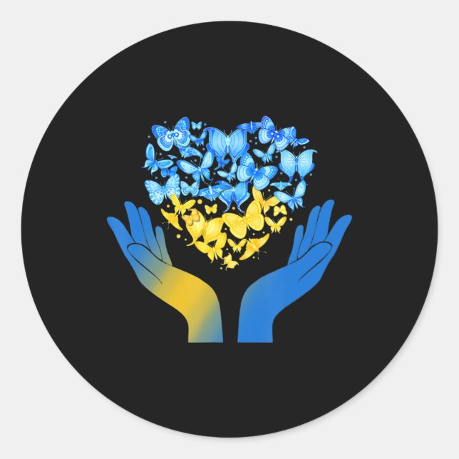 Hand Love Heart Butterfly Ukrainian Flag Stand Wit Classic Round Sticker (Front)