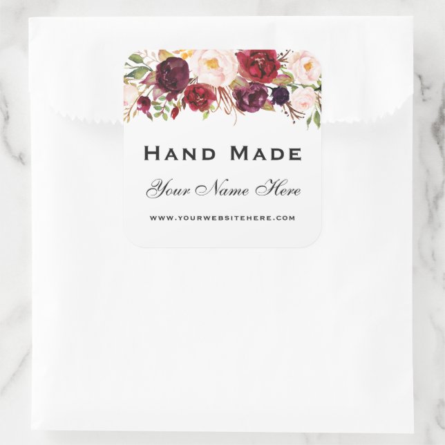 Hand Made Burgundy Watercolor Floral Small Square Sticker (Bag)
